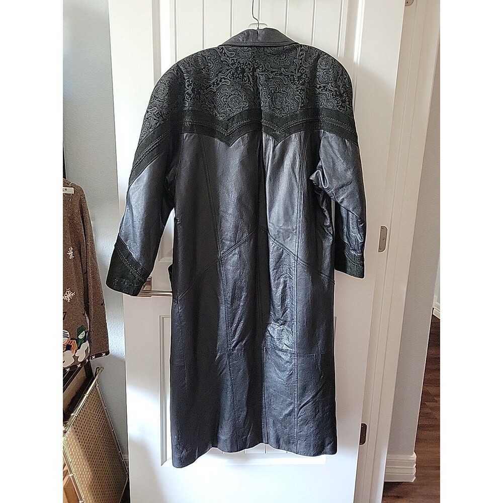 Vintage Winlit Leather Trench Coat Womens Large Black Paisley Embossed 80s 90s - Picture 10 of 13